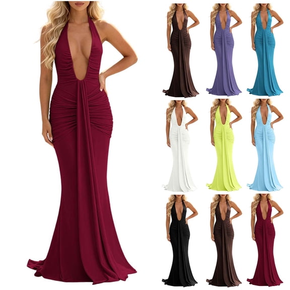 Women's Deep V-Neck Maxi Dress Sleeveless Halter Ruched Bodycon formal Cocktail Party Evening Dresses Wine S(S)