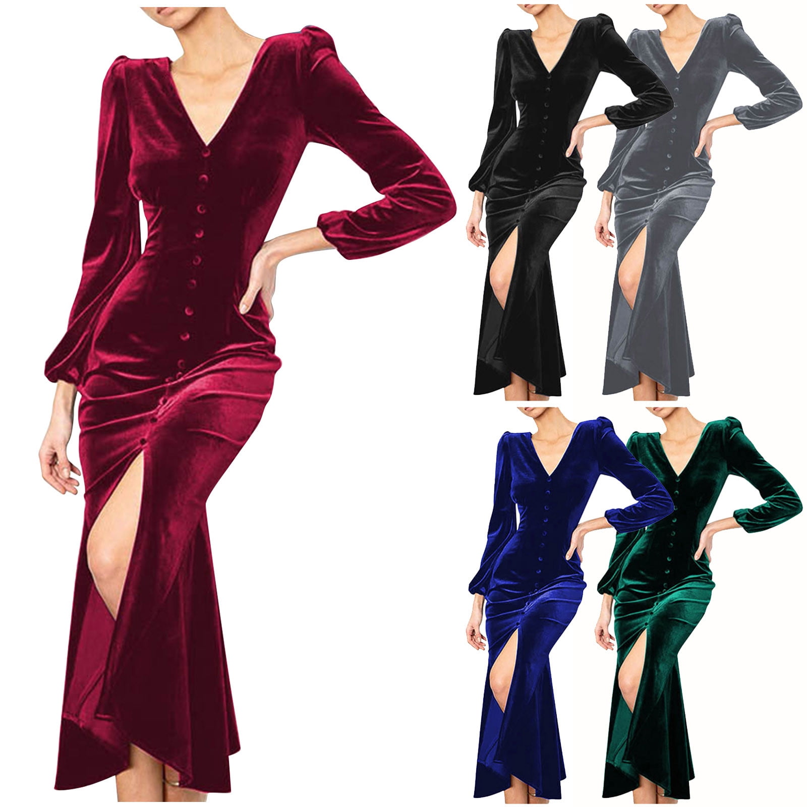 V-neckline Velvet Max Dresses with Long Sleeves Spa