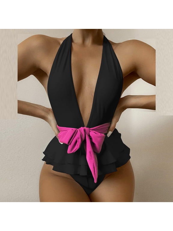 Women's Deep V Neck One Piece Bow Bikini Swimsuits Tummy Control Halter Cutout High Waisted Ruffle Corset Bodysuit