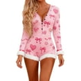 thumbnail image 1 of Women's Deep V Neck One Piece Shorts Bodysuit Furry Trim Long Sleeve Bodycon Jumpsuit Pajama Cute Heart Print Shorts Romper Valentines, 1 of 6