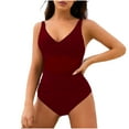thumbnail image 1 of Women's Deep V-Neck One Piece Swimsuit Cross Wrap Front Bathing Suits Tummy Control Swimwear Ruched High Waisted Monokini Wine L, 1 of 6