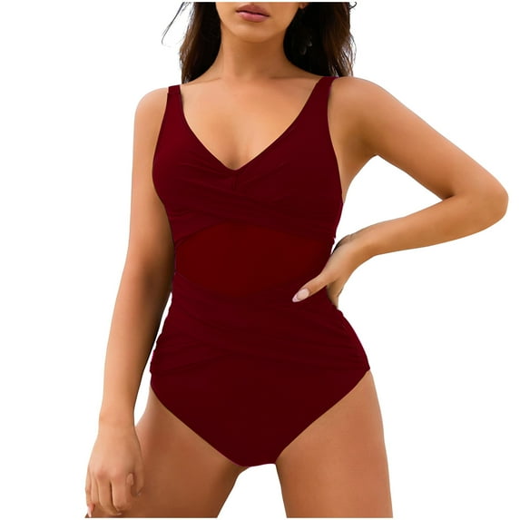 Women's Deep V-Neck One Piece Swimsuit Cross Wrap Front Bathing Suits Tummy Control Swimwear Ruched High Waisted Monokini Wine L
