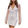 thumbnail image 1 of Women's Deep V-Neck Pencil Dress Sequin Wrap Short Dress Skinny Party Mini Dresses, 1 of 7