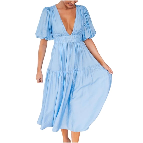 Women's Deep V Neck Puff Short Sleeve Tiered Dress Elastic High Waist Flowy A Line Midi Dresses Light Blue,S