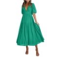 thumbnail image 1 of Women's Deep V Neck Puff Short Sleeve Tiered Dress Elastic High Waist Flowy A Line Midi Dresses, 1 of 7