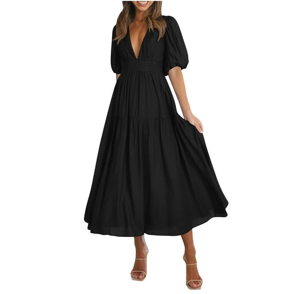 Women's Deep V Neck Puff Short Sleeve Tiered Dress Elastic High Waist Flowy A Line Midi Dresses