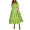 thumbnail image 1 of Women's Deep V Neck Puff Short Sleeve Tiered Dress Elastic High Waist Flowy A Line Midi Dresses, 1 of 9