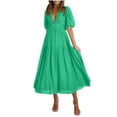 thumbnail image 1 of Women's Deep V Neck Puff Short Sleeve Tiered Dress Elastic High Waist Flowy A Line Midi Dresses, 1 of 9