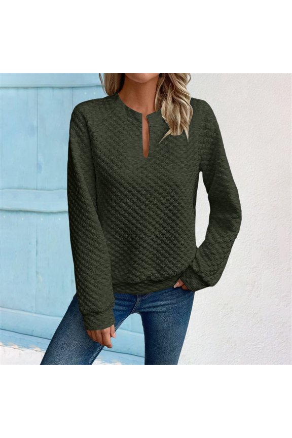 Women's Deep V Neck Quilted Sweatshirt, Solid Color Long Sleeve Pullover, Textured Casual Top, Fall Winter Everyday Wear, Loose Fit V Neck Shirt, Quilt Pattern Sweatshirt Green XXL