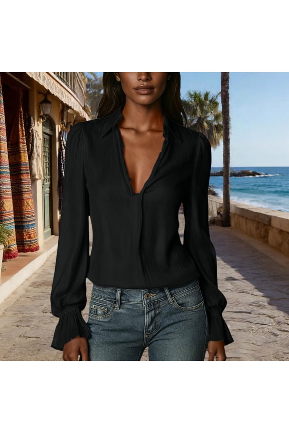 Women's Deep V Neck Ruffle Flounce Sleeve Shirts,Lightweight Casual Blouse Top with Pleated Detail,Loose Fit Spring Fall Layering Tunic Tops for WomenBlackXL