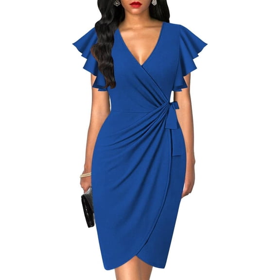 Women's Deep V Neck Ruffle Sleeve Sheath Casual Formal Party Work Faux Wrap Dress
