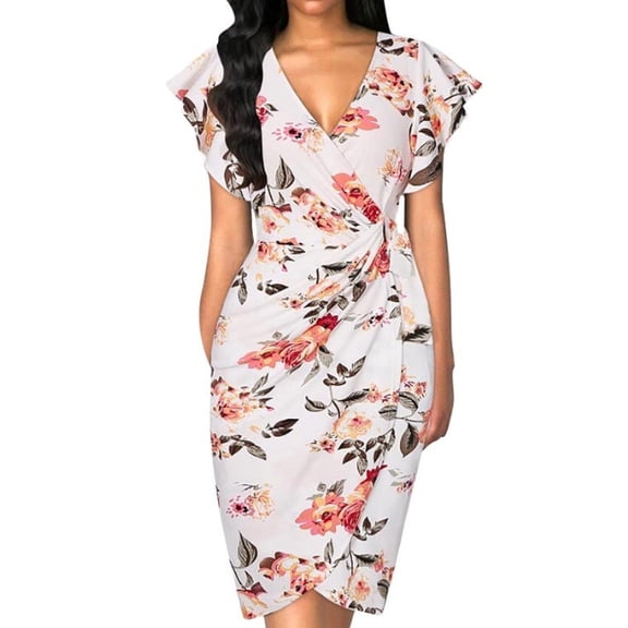 Women's Deep V Neck Ruffle Sleeve Sheath Casual Formal Party Work Faux Wrap Dress