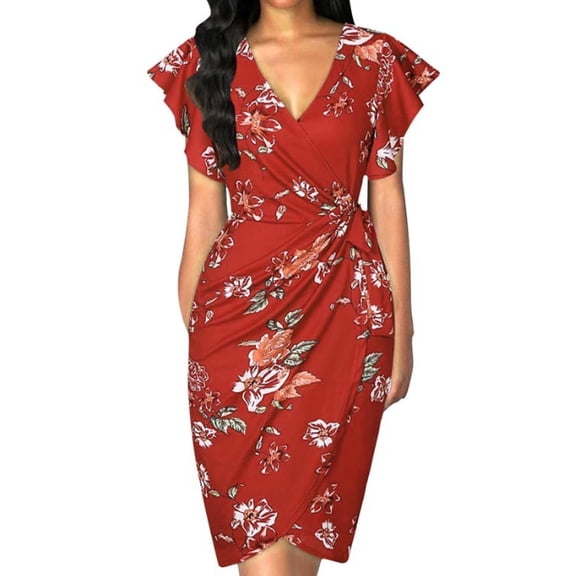 Women's Deep V Neck Ruffle Sleeve Sheath Casual Formal Party Work Faux Wrap Dress