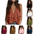 thumbnail image 1 of Women's Deep V Neck Ruffle Sleeveless Tank Top Solid Color Layered Flowy Hem Loose Casual Summer Blouse Vest White, 1 of 6