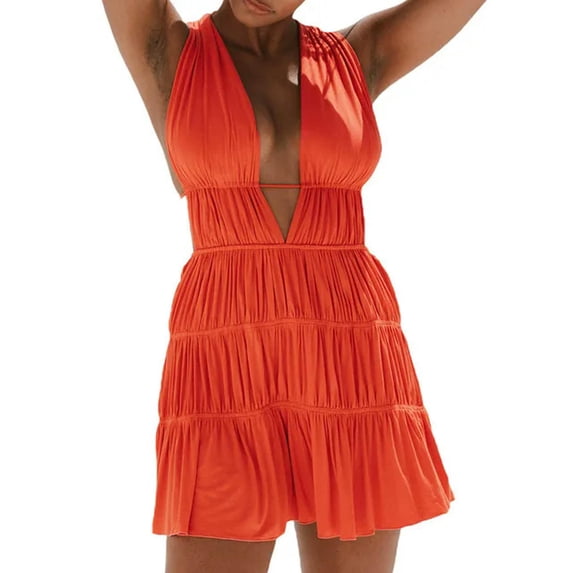 Women's Deep V Neck Sexy Dress Summer Clothes Short Solid Color Sleeveless Backless Slip Dress Club Street Wear-b-L