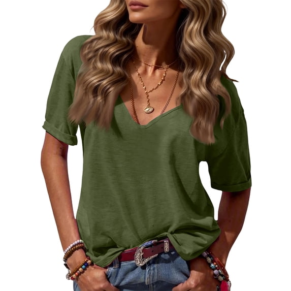 Women’s Deep V Neck Short Sleeve Loose Fit Casual Top Soft Lightweight Relaxed Fit Tee for Daily Wear Office Travel School Army Green L