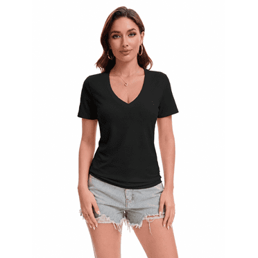 Women's Deep V-Neck Short Sleeve Slim Fit T-Shirt, S-XXL