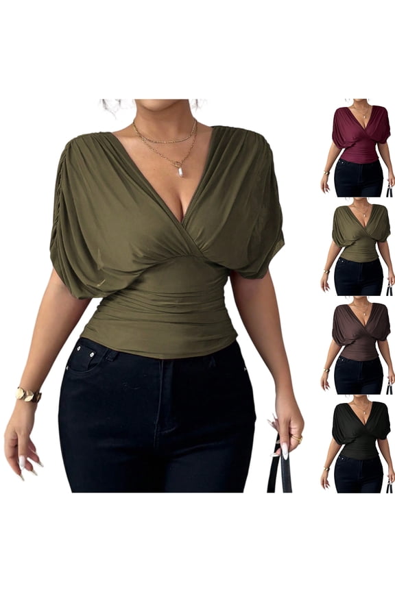 Women’s Deep V Neck Short Sleeve Top, Solid Color Flutter Sleeve Waist Fitted Blouse, Casual Feminine Style for Daily and Weekend Wear, Black, L