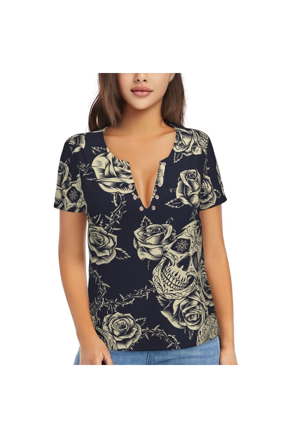 Women's Deep V Neck T Shirts Casual Short Sleeve Sexy Tops, Black Skull Roses Cool