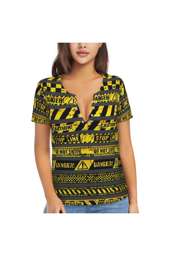 Women's Deep V Neck T Shirts Casual Short Sleeve Sexy Tops, Danger Caution Warning Police Stripe