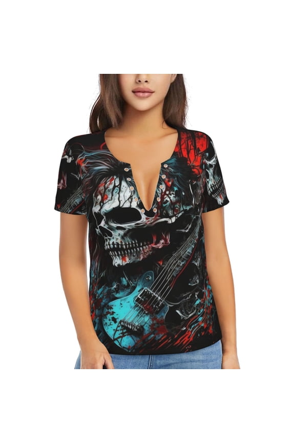 Women's Deep V Neck T Shirts Casual Short Sleeve Sexy Tops, Death Skull Rock Heavy Metal Music
