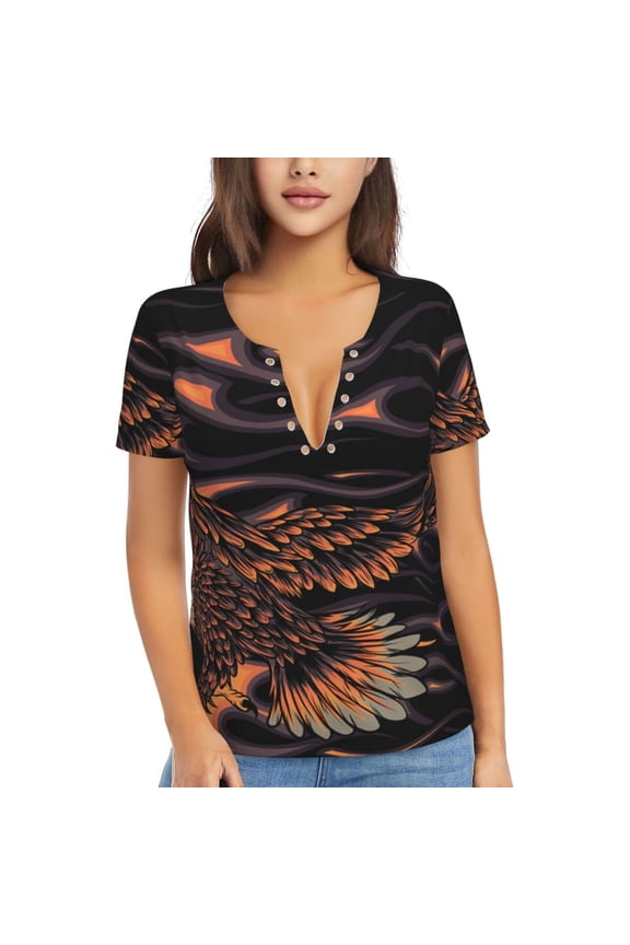 Women's Deep V Neck T Shirts Casual Short Sleeve Sexy Tops, Flaming Eagle Fire