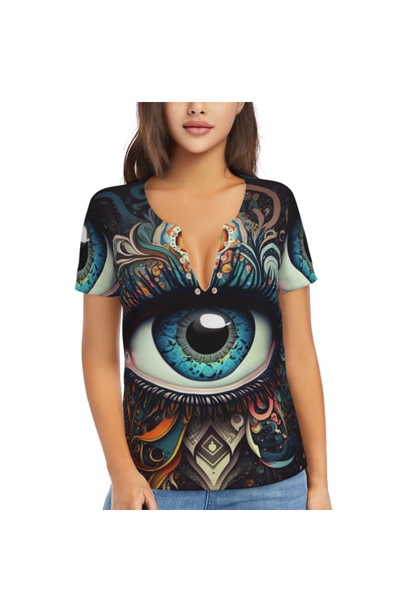 Women's Deep V Neck T Shirts Casual Short Sleeve Sexy Tops, Magic Evil Eyes Psychedelic