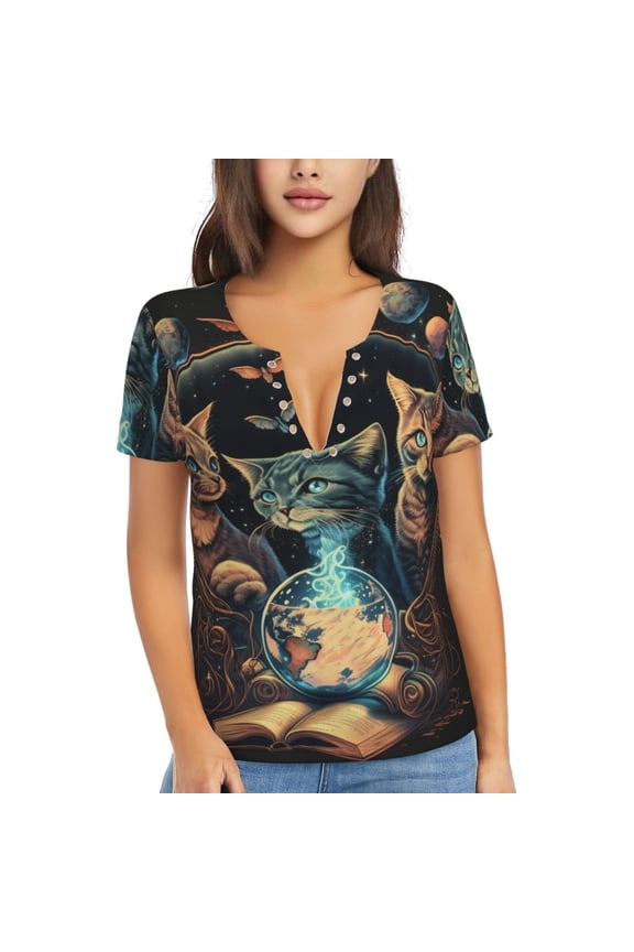 Women's Deep V Neck T Shirts Casual Short Sleeve Sexy Tops, Retro Magic Cats Cool Cat