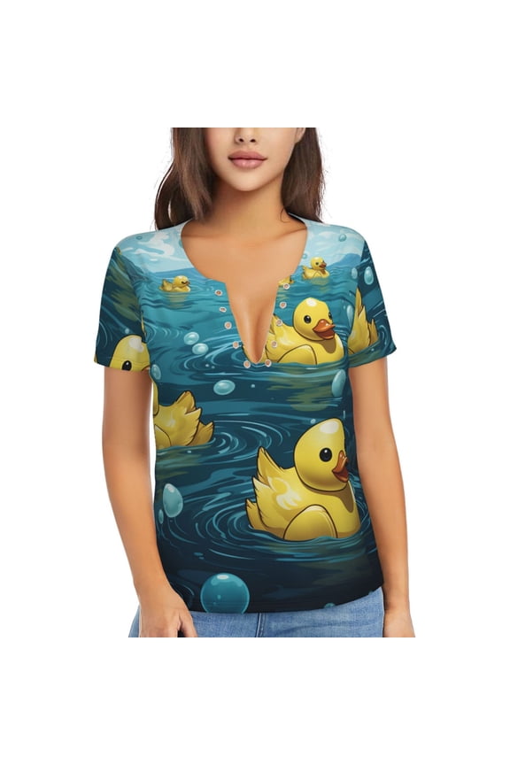 Women's Deep V Neck T Shirts Casual Short Sleeve Sexy Tops, Rubber Duck Cool Yellow Ducks
