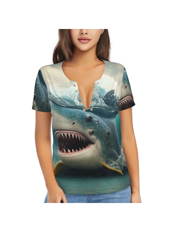 Women's Deep V Neck T Shirts Casual Short Sleeve Sexy Tops, Shark Funny Duck Art