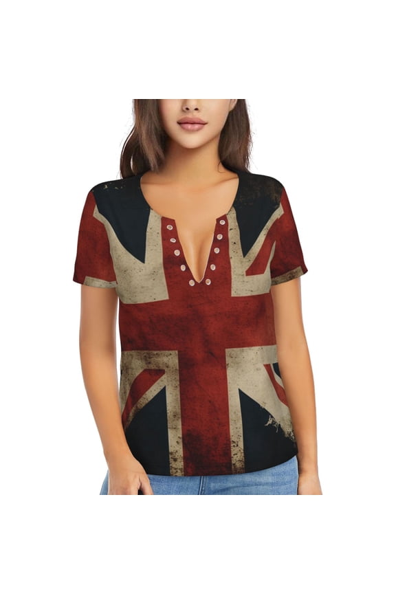 Women's Deep V Neck T Shirts Casual Short Sleeve Sexy Tops, Union Jack Flag Vintage UK