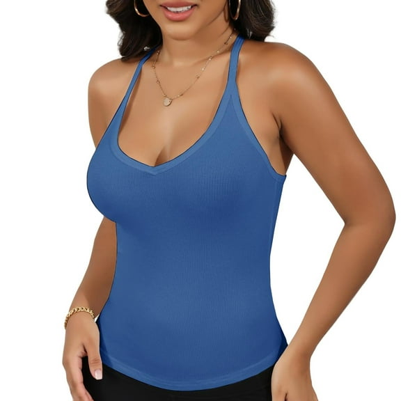 Women's Deep V-Neck Tank Top with Slim Fit and Adjustable Strap Detail - Medium, Blue