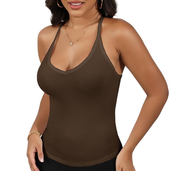 Women's Deep V-Neck Tank Top with Slim Fit and Adjustable Strap Detail - Medium, Coffee