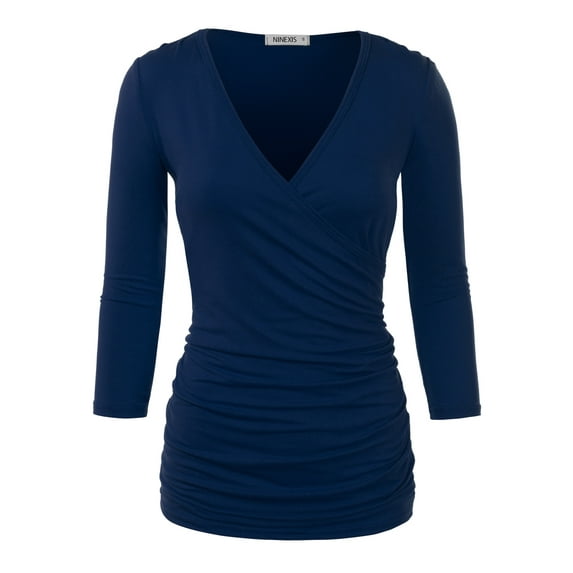 Women's Deep V Neck Tee Shirts Long Sleeve Cute Unique Cross Wrap Tops Plus Size NAVY M