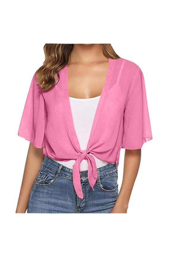 Women's Deep V Neck Tie Front Knot Wrap Ruffle Short Sleeeve Crop Top Blouse
