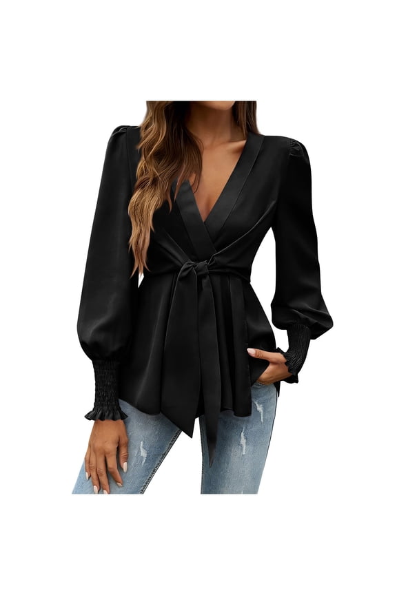 Women's Deep V Neck Tunic Peplum Tops Long Sleeve Tie Waist Ruffle Hem Blouses Formal Business Work Shirts