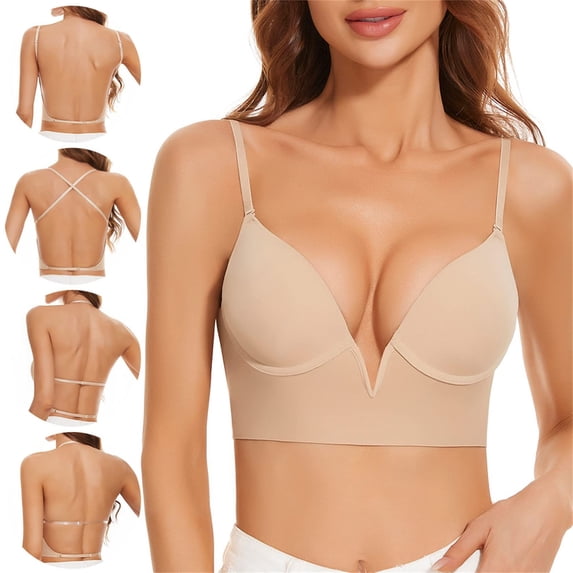 Women's Deep V Plunge Bra – Seamless Wireless Push-Up Bralette with Multi-Way Convertible Straps, U-Shaped Backless Design, No Steel Ring Lifting Bra for Small Chest (Black/Beige, 32-38)