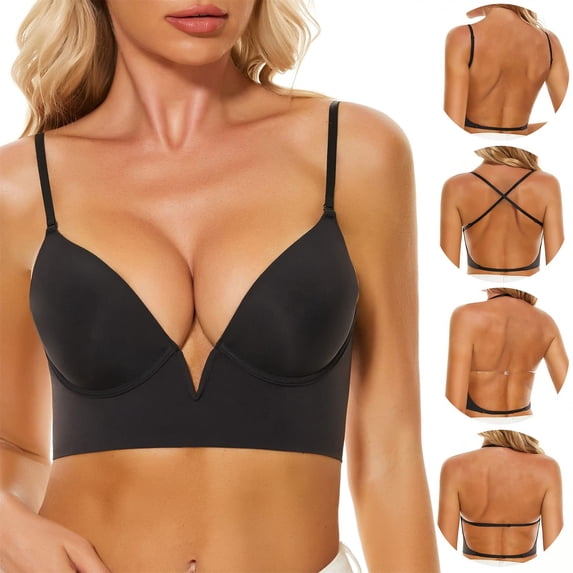 Women's Deep V Plunge Bra – Seamless Wireless Push-Up Bralette with Multi-Way Convertible Straps, U-Shaped Backless Design, No Steel Ring Lifting Bra for Small Chest (Black/Beige, 32-38)