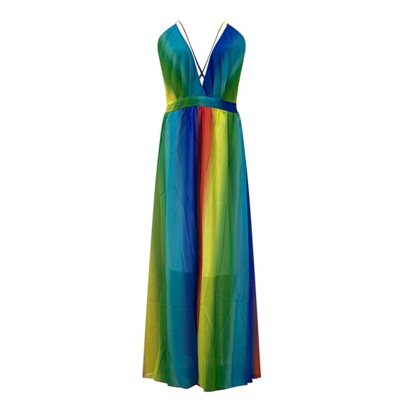 Women's Deep V Rainbow Chiffon Sling Dress, Sexy Summer Suspender Gown,Purple,M