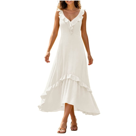 Women's Deep V Spaghetti Strap Midi Dress, Solid Ruffle Irregular Hanky Hem Flowy Sleeveless Long Dress Beige L(L)