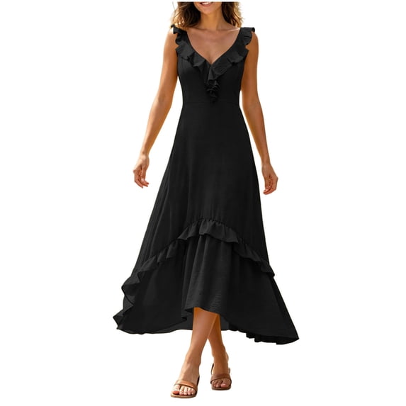 Women's Deep V Spaghetti Strap Midi Dress, Solid Ruffle Irregular Hanky Hem Flowy Sleeveless Long Dress Black XXXL(XXXL)