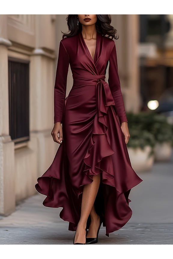 Women's Deep V-neck Ruffled Evening Gowns Solid Color Long Sleeves Lace-up High Waist Satin Party Dresses Wedding Guests Dress