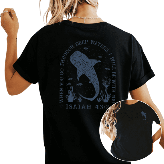 Women's "Deep Waters" Whale Shark Graphic Casual T Shirt Vintage Christian Ocean Short Sleeve Round Neck Top Black S-5XL