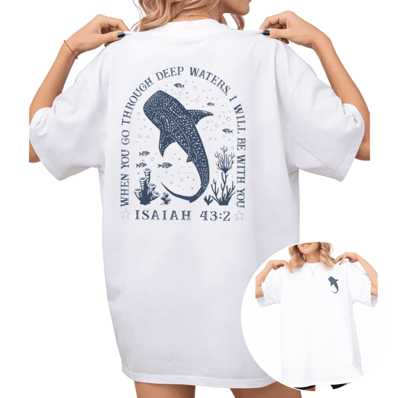 Women's "Deep Waters" Whale Shark Graphic Casual T Shirt Vintage Christian Ocean Short Sleeve Round Neck Top White S-5XL