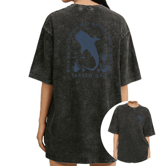 Women's "Deep Waters Whale Shark" Isaiah 43:2 Graphic Washed T Shirt Christian Ocean Vintage Black S-2XL Plus Size