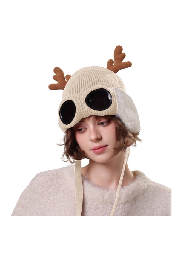 Women's Deer Antler Knit Hat, Fleece Lined Ear Flap Beanie, Adjustable Chin Strap Winter Hat, Built-in Visor Ski Mask, Cute Animal Ear Cap, Cycling Snow Sports Beanie, Cold Weather Ear Warmer - Beige