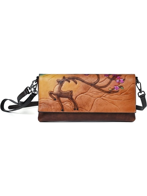 Women's Deer Head Embossing Satchel Bag Retro Genuine Leather Purses Classic Small Crossbody Shoulder Bags