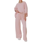 Womens Delicacy Braided Texture Ruffle Hem Top and Drawstring Loose Pants Set   Effortless Casual Style for Daily Wear [ZhiHiMeRi] | L