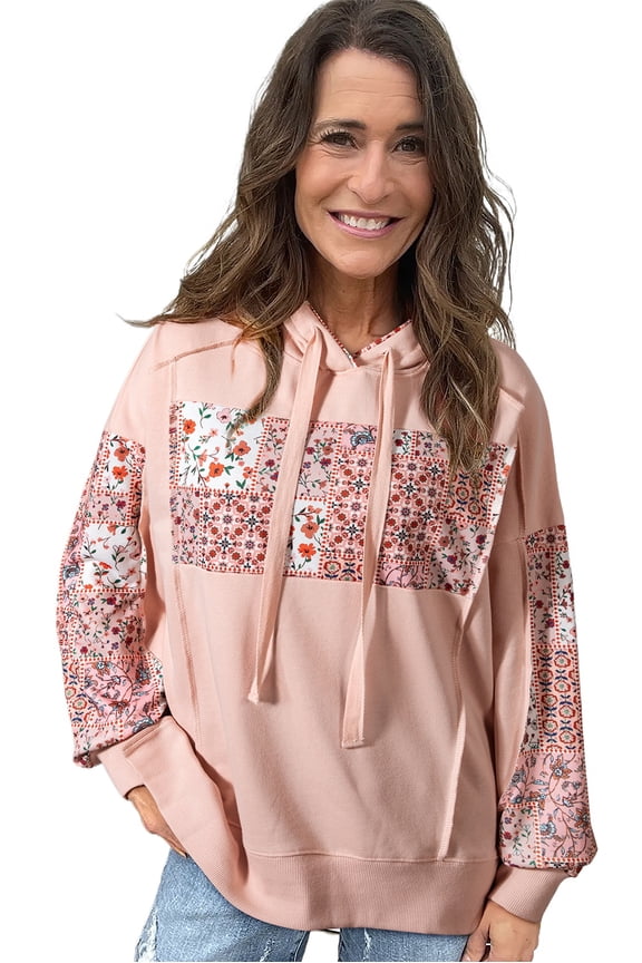 Women's Delicacy Mix Floral Patchwork Hoodie – Casual Drawstring Design for Daily Wear | XL