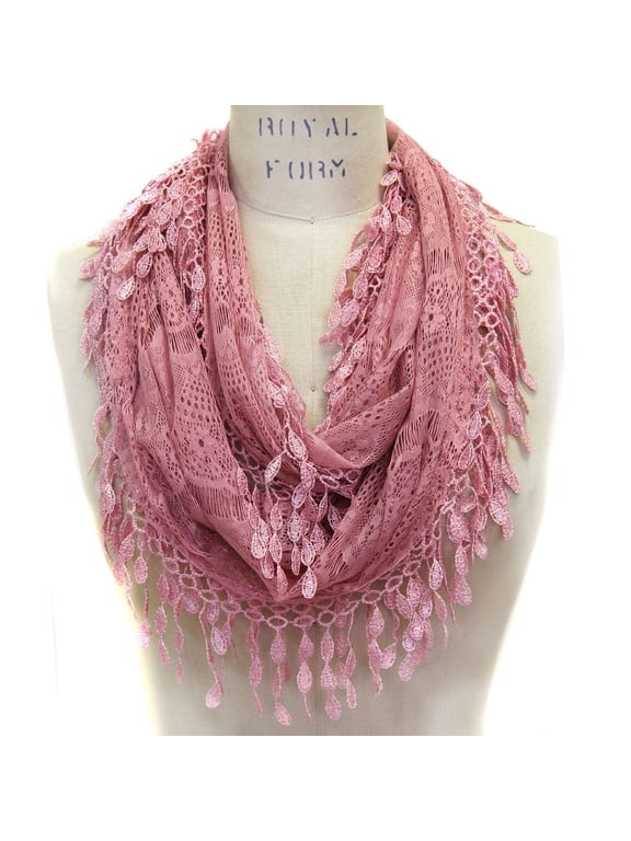 Women's Delicate I42Lace Infinity Scarf with Teardrop Fringes (Pink)